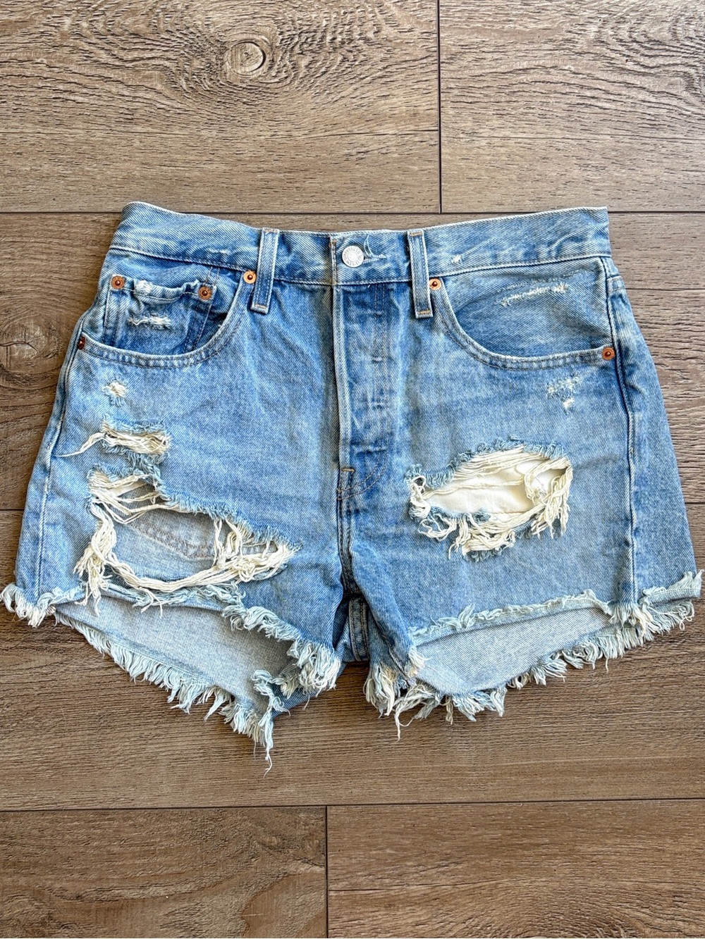 Levi's 501 Light Blue Distressed Denim High Waisted Cutoff Jean Shorts